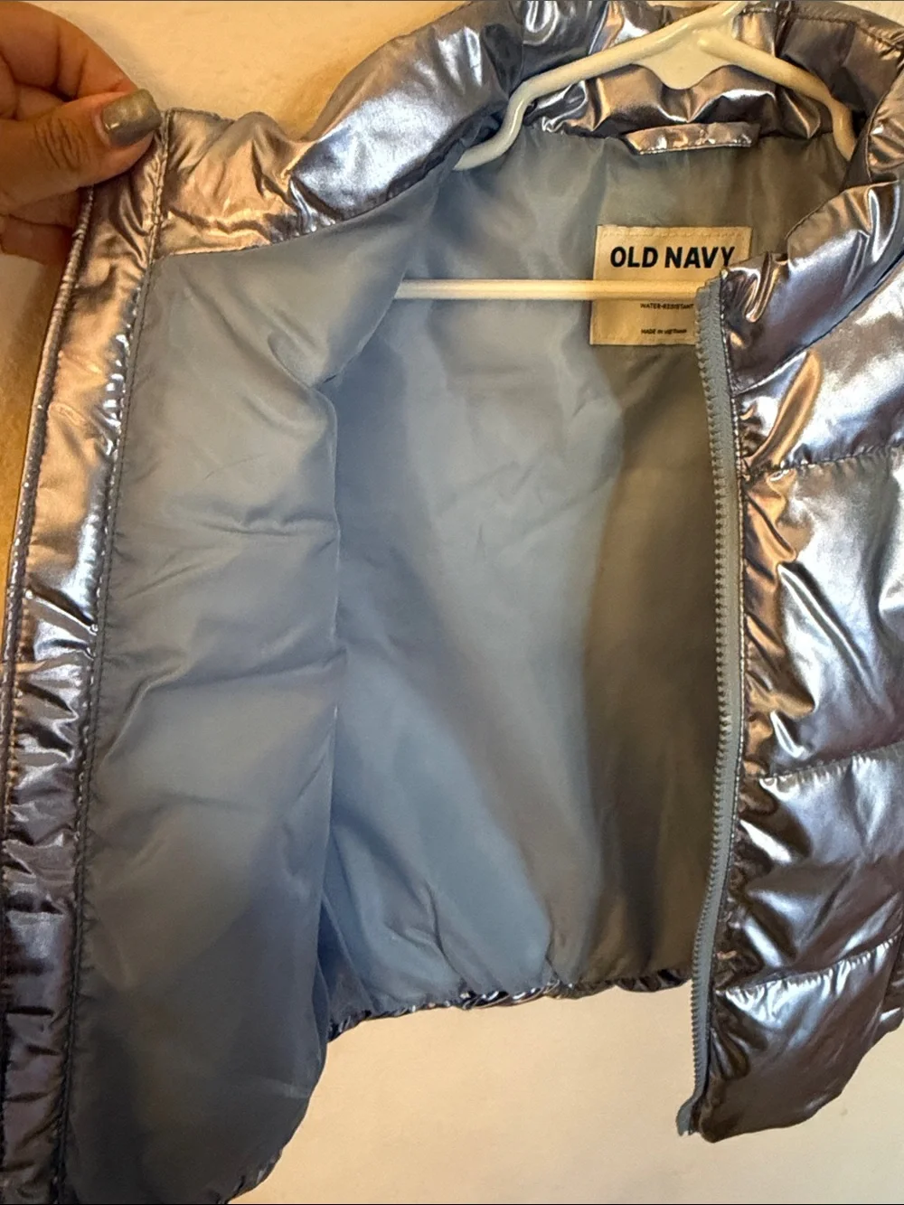 Old Navy Girls' Shimmery Metallic Gray Puffer Vest - Gray/Blue